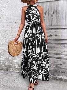 Breezaya 滿版幾何圖案腰帶掛脖洋裝 - 黑色 - 查看 5