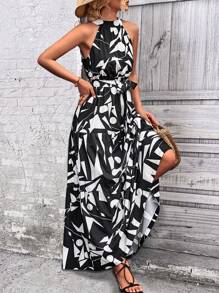 Breezaya 滿版幾何圖案腰帶掛脖洋裝 - 黑色 - 查看 6