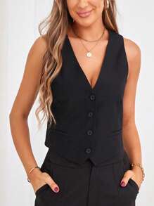 SHEIN Privé Áo khoác  âu phục nữ Bất đối xứng Nút phía trước màu trơn Giải trí - màu đen - Xem 5