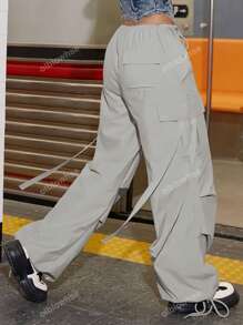 Y2K Street Solid Drawstring Waist Flap Pocket Tape Detail Loose Casual Wear Wide Leg Parachute Cargo Pants