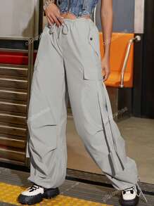 Y2K Street Solid Drawstring Waist Flap Pocket Tape Detail Loose Casual Wear Wide Leg Parachute Cargo Pants