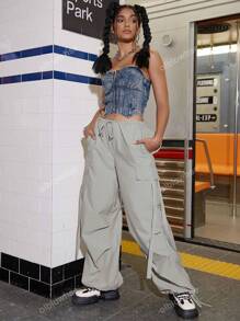 Y2K Street Solid Drawstring Waist Flap Pocket Tape Detail Loose Casual Wear Wide Leg Parachute Cargo Pants