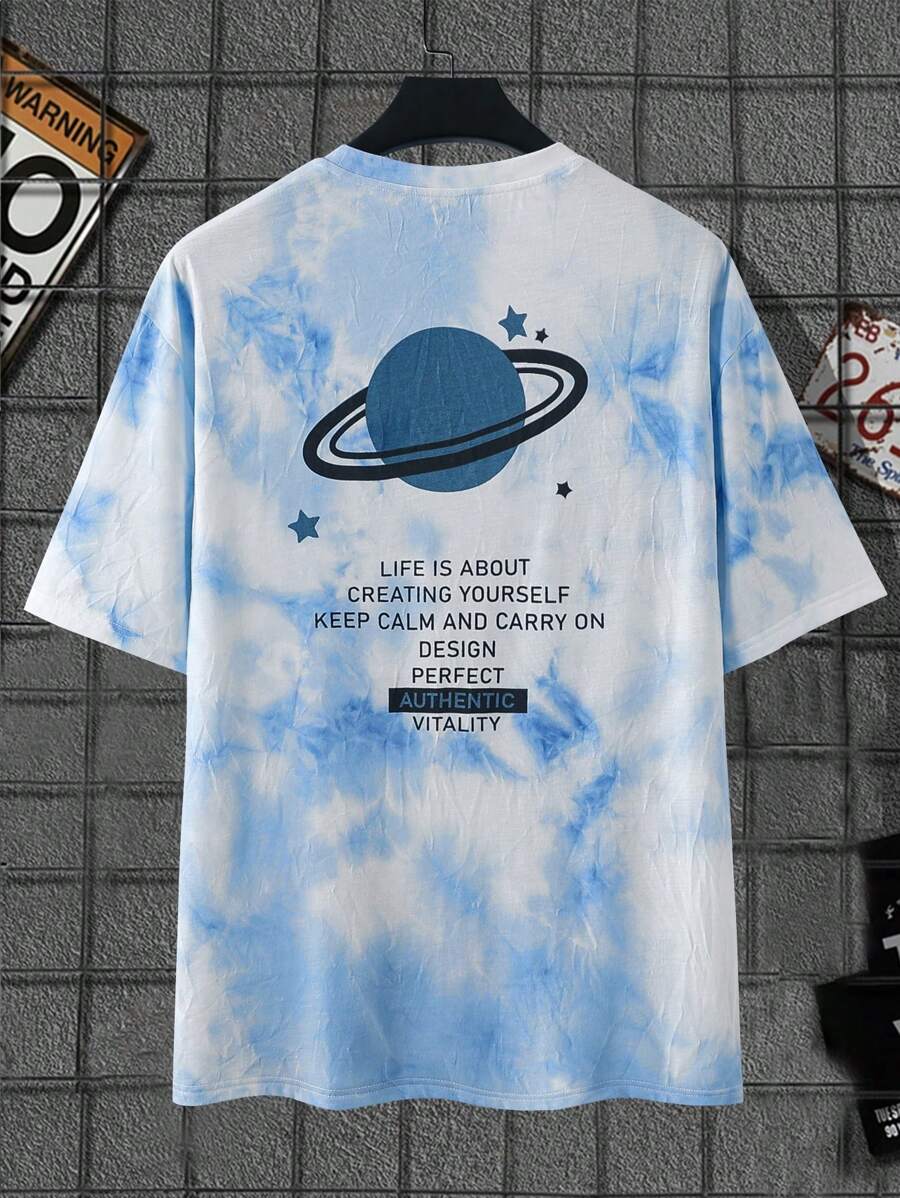 Manfinity Men Plus Tie Dye Slogan Graphic Tee - Blue and White - View 1