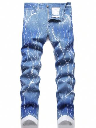 Pantalones vaqueros con bolsillo con cremallera y estampado de relámpago para hombres
