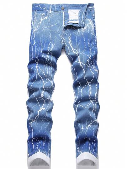 Jeans con cerniera e tasca con stampa di fulmini per uomo