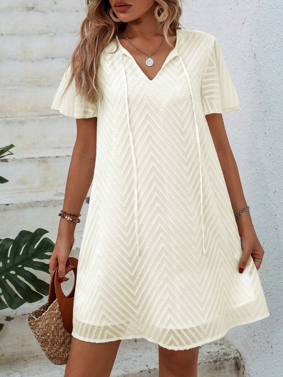 SHEIN LUNE Tie Neck Butterfly Sleeve A Line Dress - Apricot - View 1