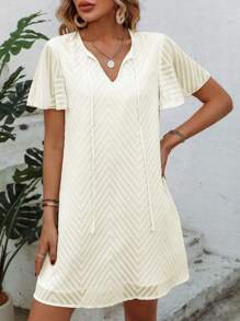 SHEIN LUNE Tie Neck Butterfly Sleeve A Line Dress - Apricot - View 5