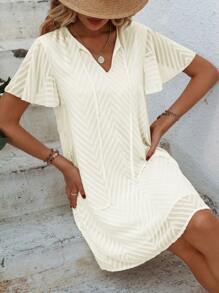 SHEIN LUNE Tie Neck Butterfly Sleeve A Line Dress - Apricot - View 6