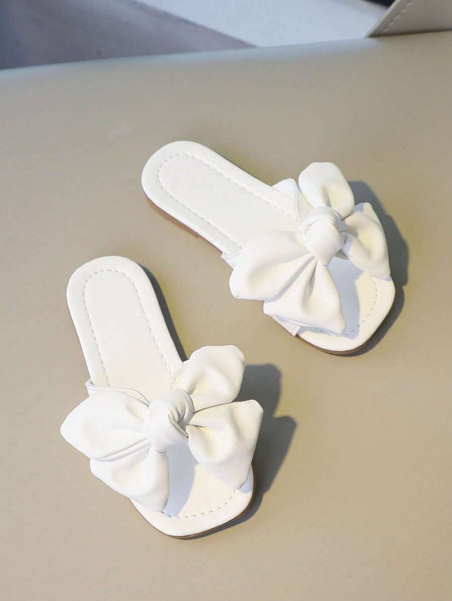 女孩素色蝴蝶結裝飾舒服防滑露趾拖鞋適合夏天 - 白色 - 查看 1