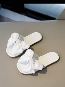 女孩素色蝴蝶結裝飾舒服防滑露趾拖鞋適合夏天 - 白色 - 查看 2