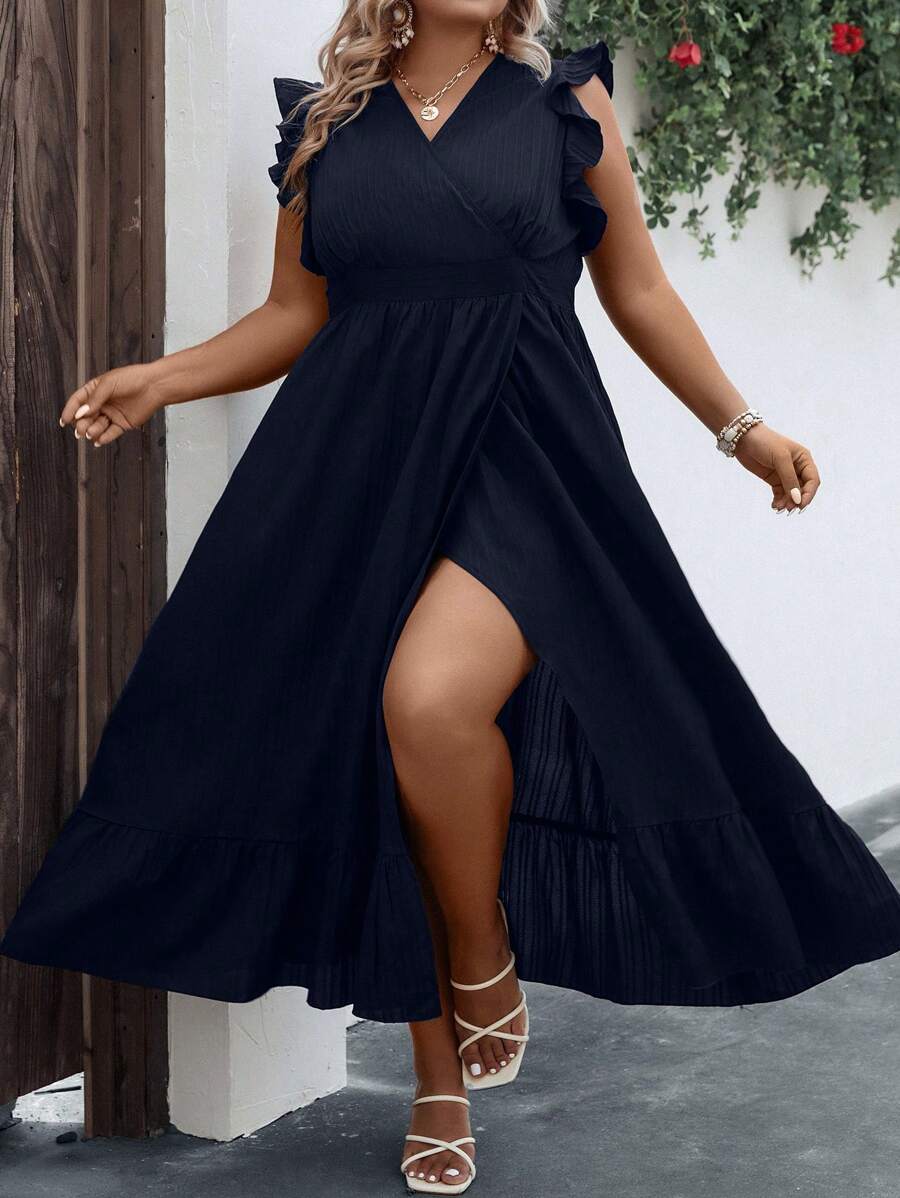 SHEIN Clasi Plus Ruffle Trim Ruffle Hem Dress Maxi Women Outfit - Navy Blue - View 1