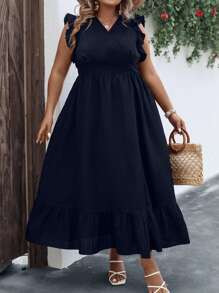 SHEIN Clasi Plus Ruffle Trim Ruffle Hem Dress Maxi Women Outfit - Navy Blue - View 5