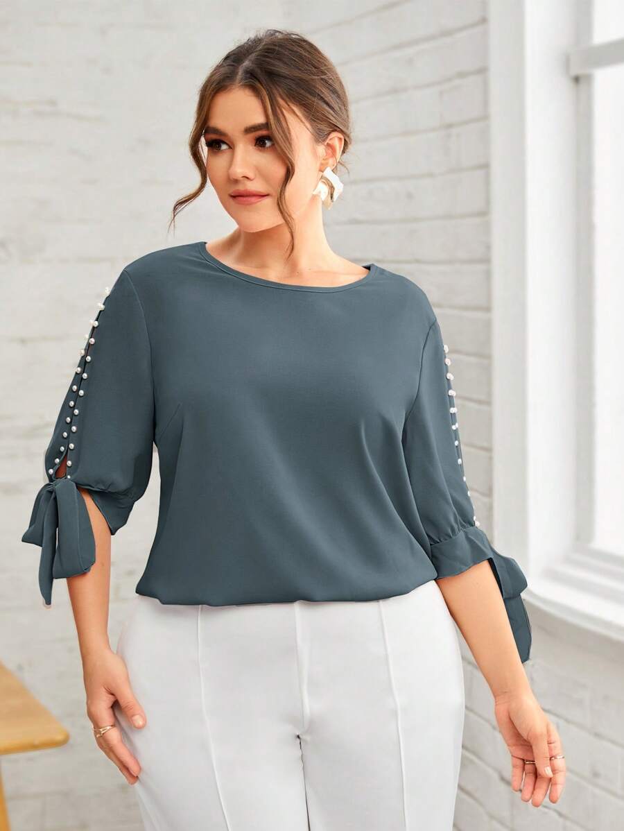 SHEIN Clasi Plus Pearls Split Knotted Cuff Blouse