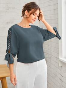 SHEIN Clasi Plus Pearls Split Knotted Cuff Blouse