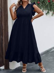 SHEIN Clasi Plus Ruffle Trim Ruffle Hem Dress Maxi Women Outfit - Navy Blue - View 6