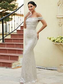 Missord 一字肩高衩亮片正式洋裝 - 銀色 - 查看 3