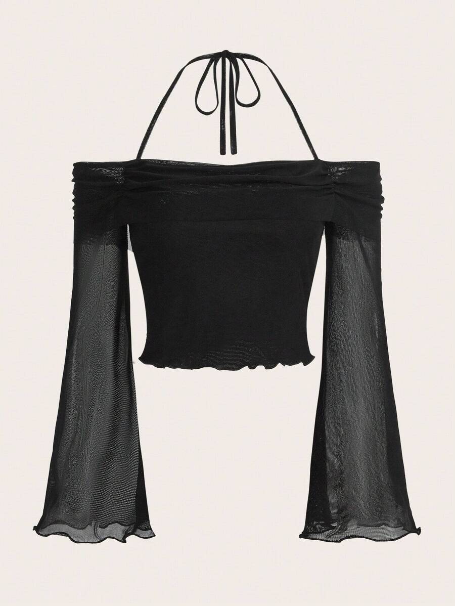 SHEIN ICON 純色露背網眼春季上衣,圓領萵苣邊設計 - 黑色 - 查看 1