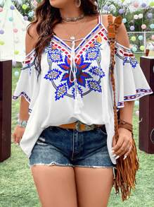 Flirla 大碼印花挖肩流蘇前繫帶襯衫 - 彩色 - 查看 1