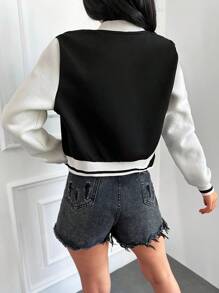 EURMUSE Chaqueta universitaria con bloques de colores y gráfico de letras - Blanco y Negro - Ver 2