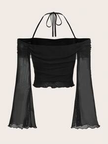 SHEIN ICON 純色露背網眼春季上衣,圓領萵苣邊設計 - 黑色 - 查看 2