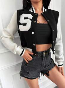 EURMUSE Chaqueta universitaria con bloques de colores y gráfico de letras - Blanco y Negro - Ver 3