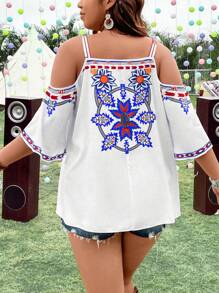 Flirla 大碼印花挖肩流蘇前繫帶襯衫 - 彩色 - 查看 2