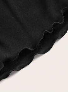 SHEIN ICON 純色露背網眼春季上衣,圓領萵苣邊設計 - 黑色 - 查看 3