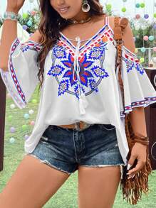 Flirla 大碼印花挖肩流蘇前繫帶襯衫 - 彩色 - 查看 3