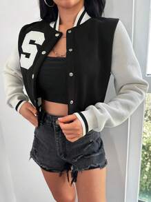 EURMUSE Chaqueta universitaria con bloques de colores y gráfico de letras - Blanco y Negro - Ver 5