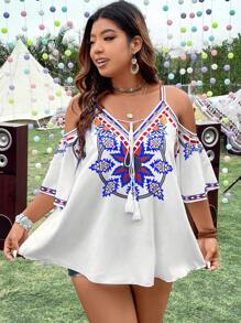 Flirla 大碼印花挖肩流蘇前繫帶襯衫 - 彩色 - 查看 6