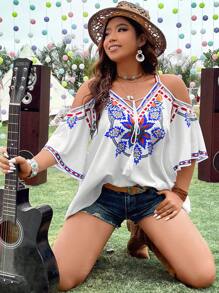 Flirla 大碼印花挖肩流蘇前繫帶襯衫 - 彩色 - 查看 7