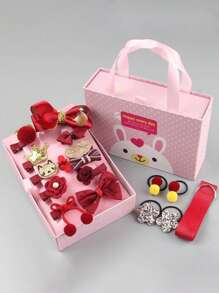 18 件/套儿童女孩卡通皇冠、兔耳朵、蝴蝶结、球和公主风格发饰礼品套装，配有手提包，非常适合节日礼物 - 紅色 - 查看 1