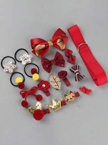 18 件/套儿童女孩卡通皇冠、兔耳朵、蝴蝶结、球和公主风格发饰礼品套装，配有手提包，非常适合节日礼物 - 紅色 - 查看 2