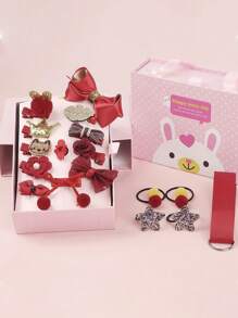 18 件/套儿童女孩卡通皇冠、兔耳朵、蝴蝶结、球和公主风格发饰礼品套装，配有手提包，非常适合节日礼物 - 紅色 - 查看 3