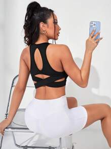 SHEIN Daily&Casual 鏤空後背十字交叉運動背心 - 黑色 - 查看 1