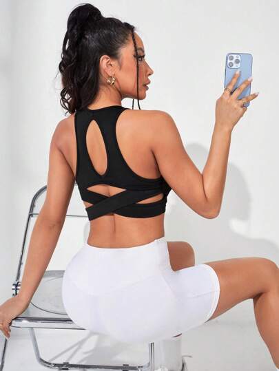 SHEIN Daily&Casual 鏤空後背十字交叉運動背心