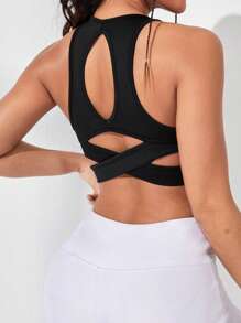 SHEIN Daily&Casual 鏤空後背十字交叉運動背心 - 黑色 - 查看 2