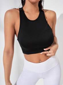 SHEIN Daily&Casual 鏤空後背十字交叉運動背心 - 黑色 - 查看 4