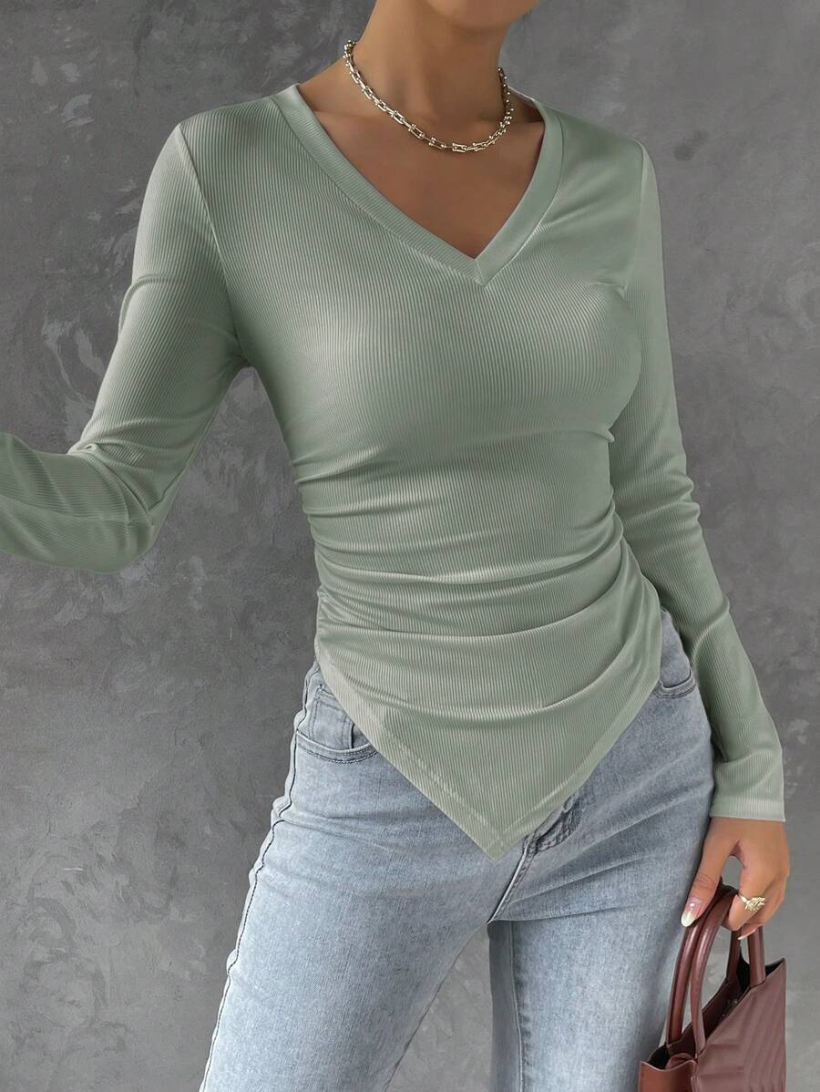 Cloudara Solid Ruched Hanky Hem Tee - Mint Green - View 1