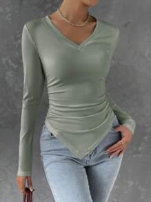 Cloudara Solid Ruched Hanky Hem Tee - Mint Green - View 5