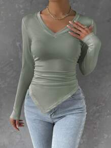 Cloudara Solid Ruched Hanky Hem Tee - Mint Green - View 3