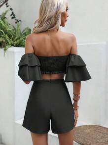 Breezaya Off Shoulder Crop Top & Shorts - Black - View 2