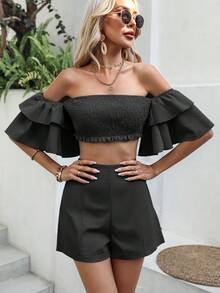 Breezaya Off Shoulder Crop Top & Shorts - Black - View 6