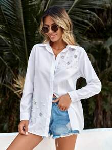 RueChic Pearls Detail Button Up Shirt - White - View 1