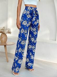 EURMUSE Floral Print Belted Straight Leg Trousers - Blue - View 1