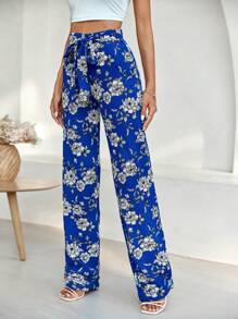 EURMUSE Floral Print Belted Straight Leg Trousers - Blue - View 5