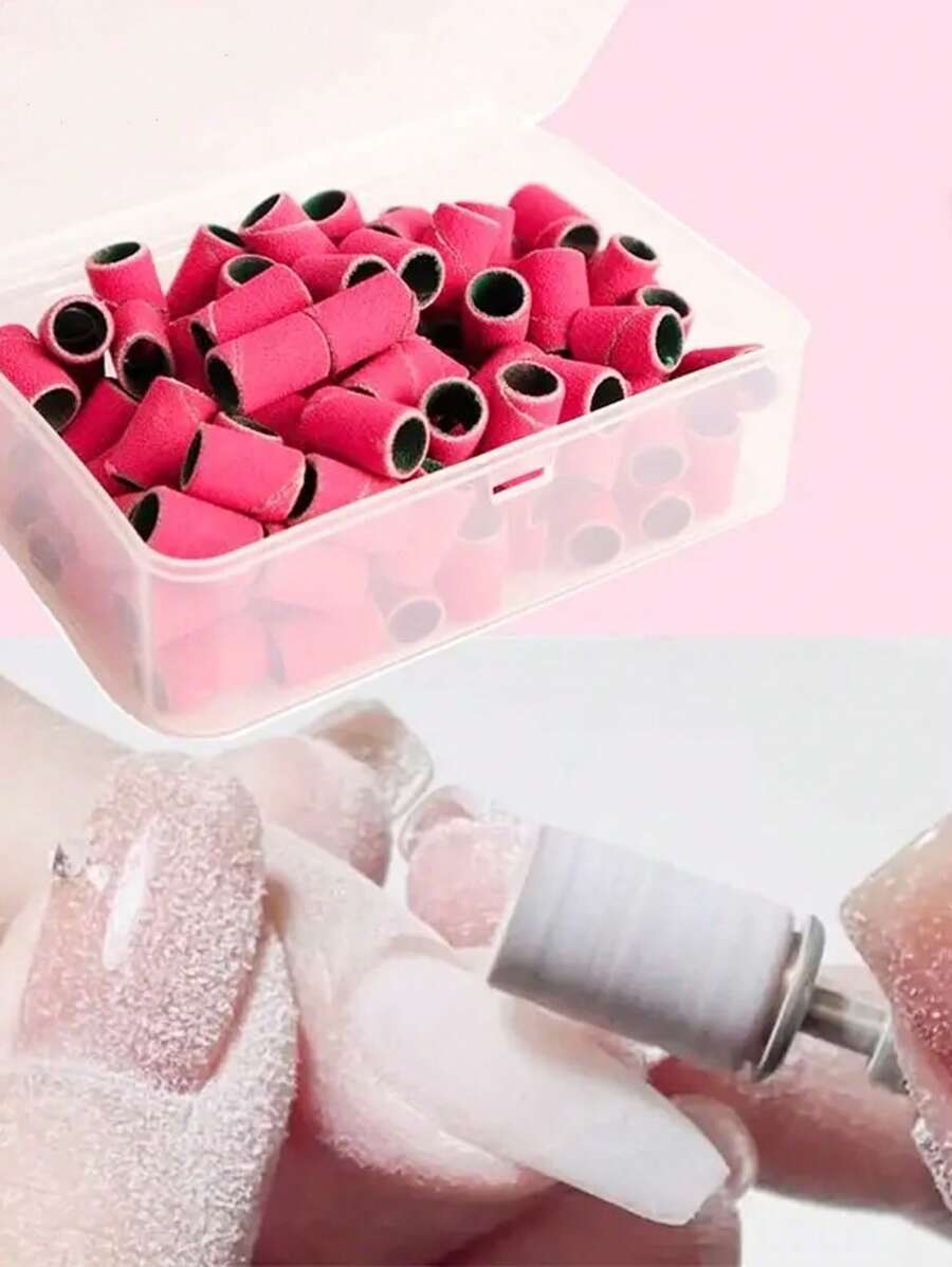 100入組亮粉色亞克力美甲砂帶凝膠拋光劑指甲鑽頭美甲修腳 - 玫紅色 - 查看 1