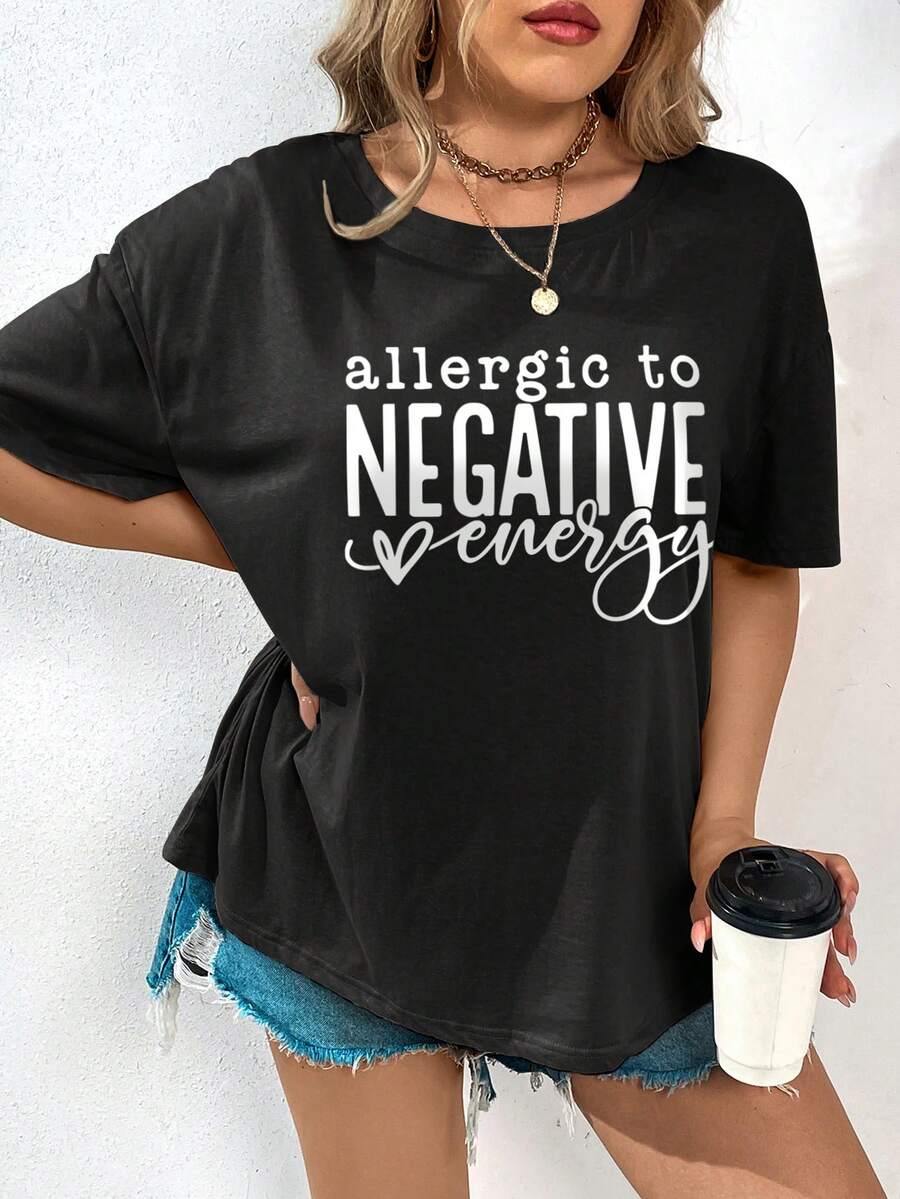 SHEIN Essnce Plus Slogan Graphic Drop Shoulder Tee - Black - View 1