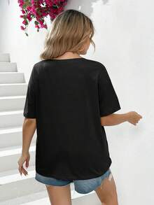 SHEIN Essnce Plus Slogan Graphic Drop Shoulder Tee - Black - View 2