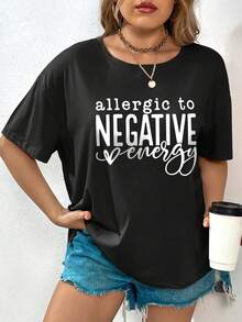 SHEIN Essnce Plus Slogan Graphic Drop Shoulder Tee - Black - View 3